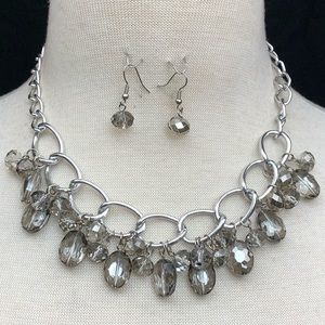 Grey Glass Fancy Reflective Bead Cluster Silver Statement Necklace Earrings Set